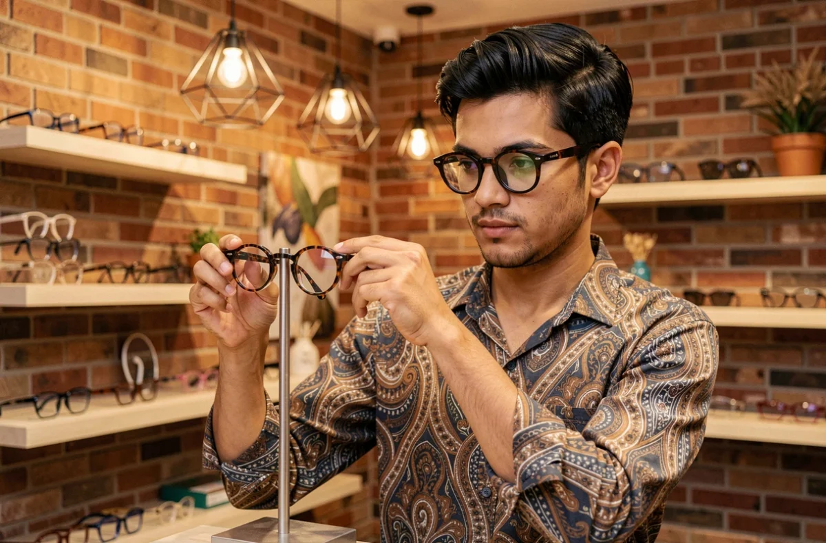 Opticien créateur Thomas & Co. Vaudrel à Évreux ajustant une monture design dans une boutique aux murs en brique apparente
