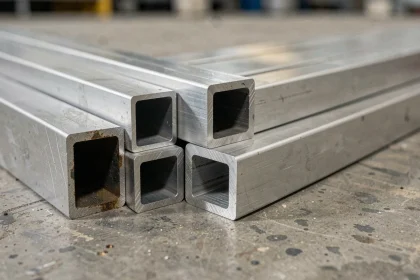 Tubes carrés en aluminium de différentes sections alignés sur un sol en béton d'atelier, montrant les variations de profils structurels