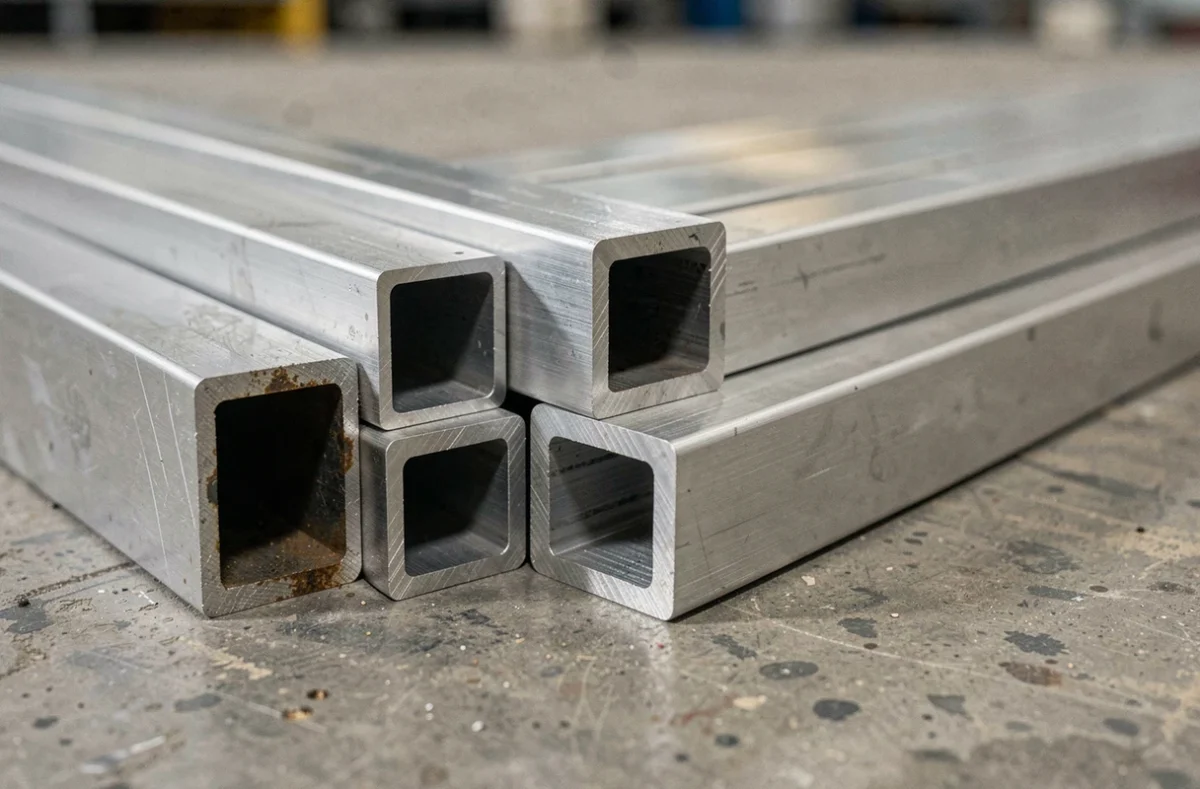 Tubes carrés en aluminium de différentes sections alignés sur un sol en béton d'atelier, montrant les variations de profils structurels