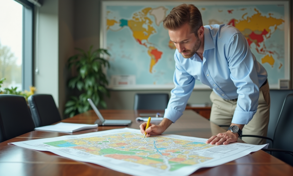 Urbaniste étudiant une carte de zonage en bureau moderne