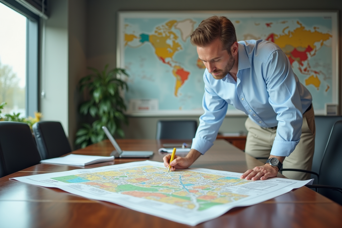 Urbaniste étudiant une carte de zonage en bureau moderne