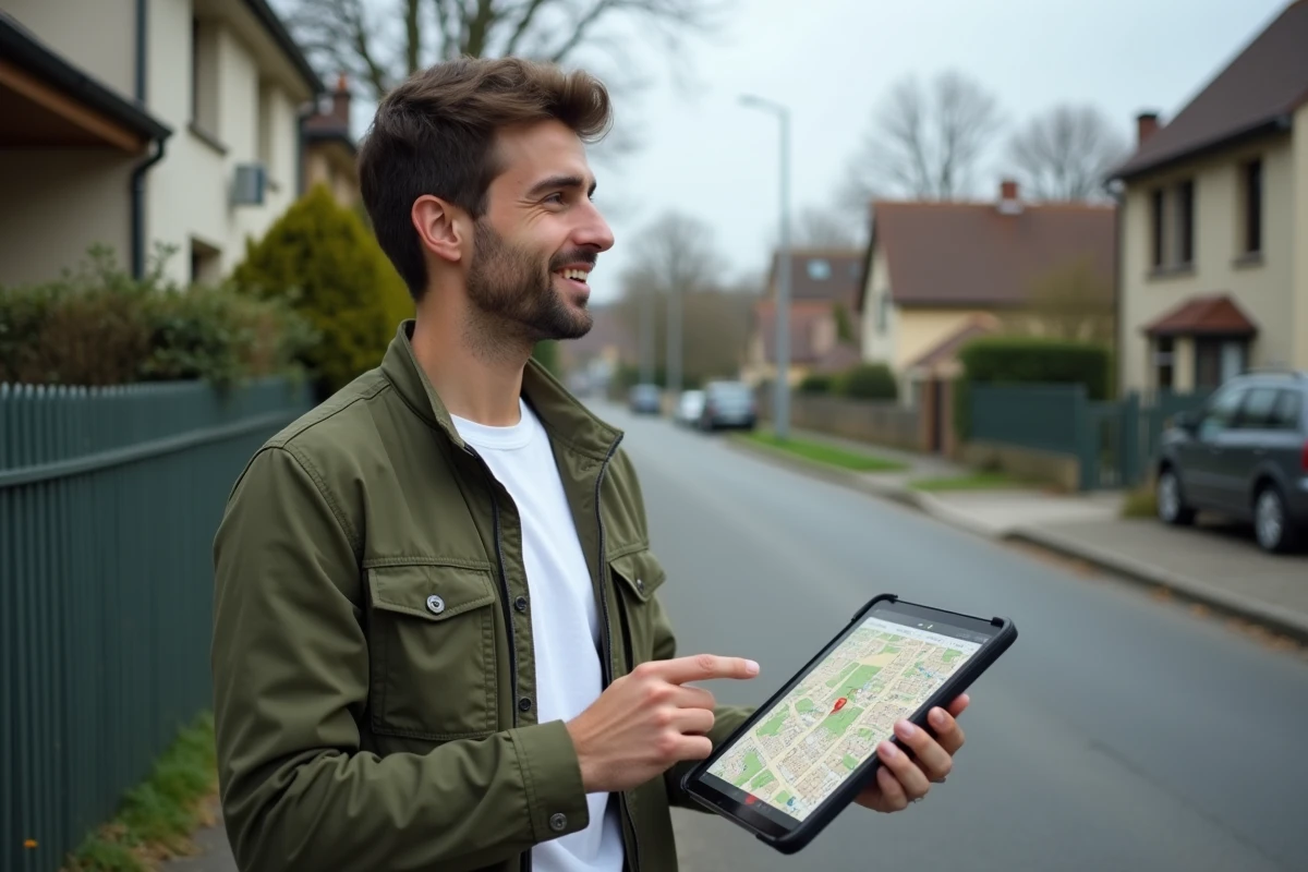 Urbaniste consultant une carte aérienne Geoportail sur tablette devant un quartier résidentiel français
