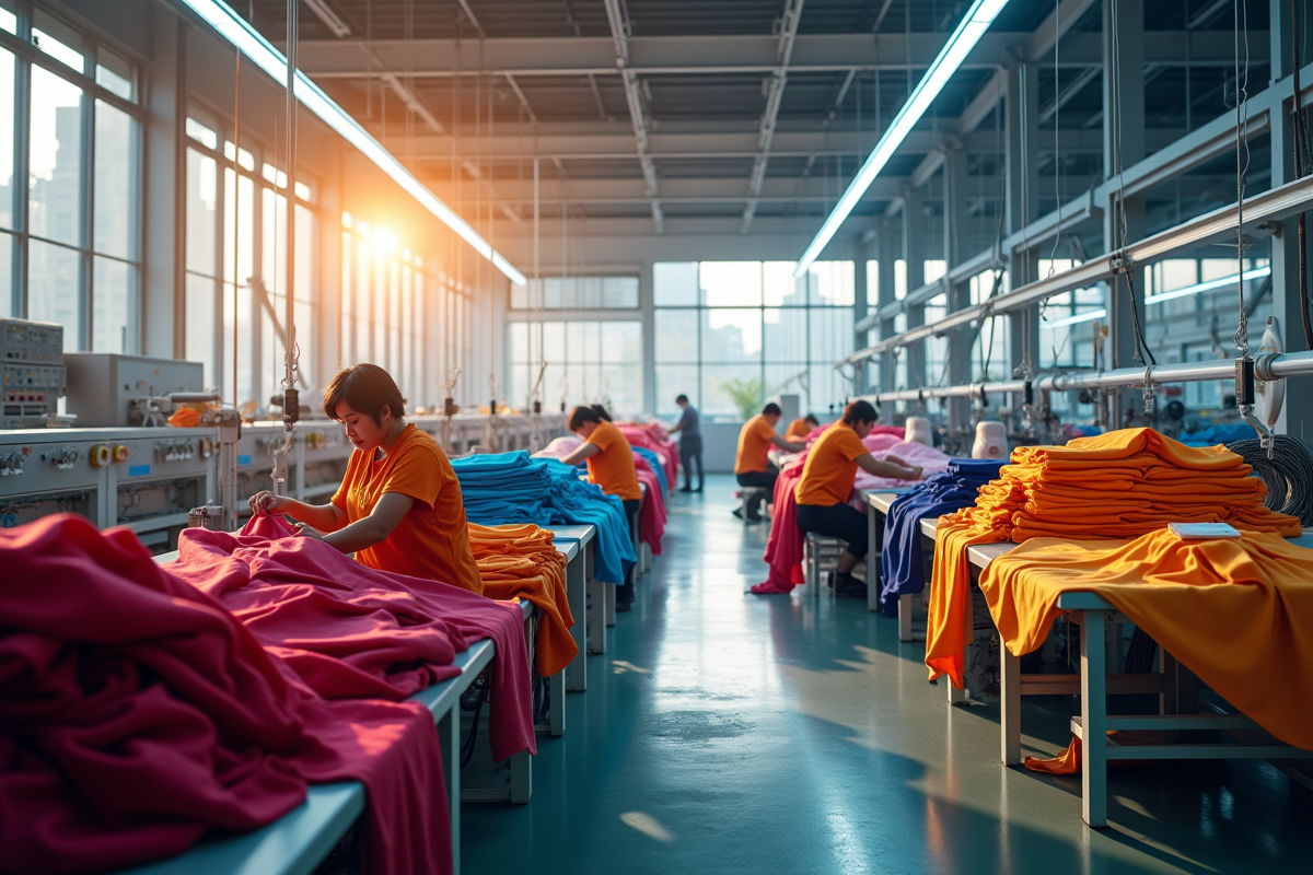 Usine textile ultramoderne avec ouvriers assemblant des vêtements