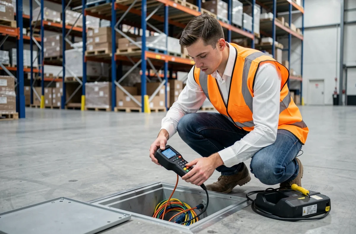 Électricien de VFC ELEC testant un câblage dans un entrepôt moderne avec un appareil de mesure