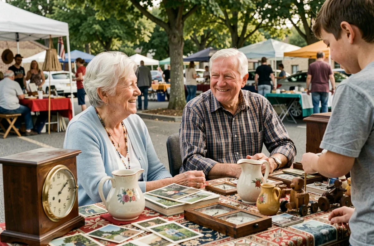 Couple de personnes âgées tenant un stand de vide grenier avec objets anciens et échangeant avec un visiteur dans l'Ain