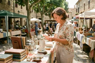 Femme inspectant une figurine en porcelaine ancienne sur un stand de vide grenier en plein air dans un village de l'Ain