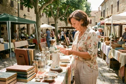 Femme inspectant une figurine en porcelaine ancienne sur un stand de vide grenier en plein air dans un village de l'Ain
