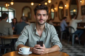 Homme seul dans un café parisien regardant son téléphone, illustrant les rumeurs sur la vie sentimentale de Yoann Usai