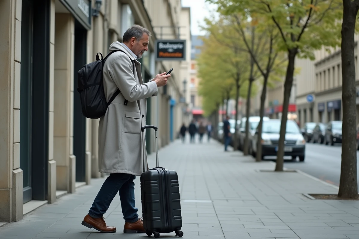Voyageur musulman consultant les horaires de prière sur son téléphone dans une rue de Mantes-la-Jolie