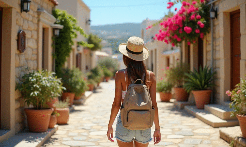 Femme voyageant dans un village chypriote avec bâtiments en pierre