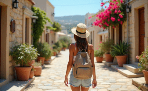 Femme voyageant dans un village chypriote avec bâtiments en pierre