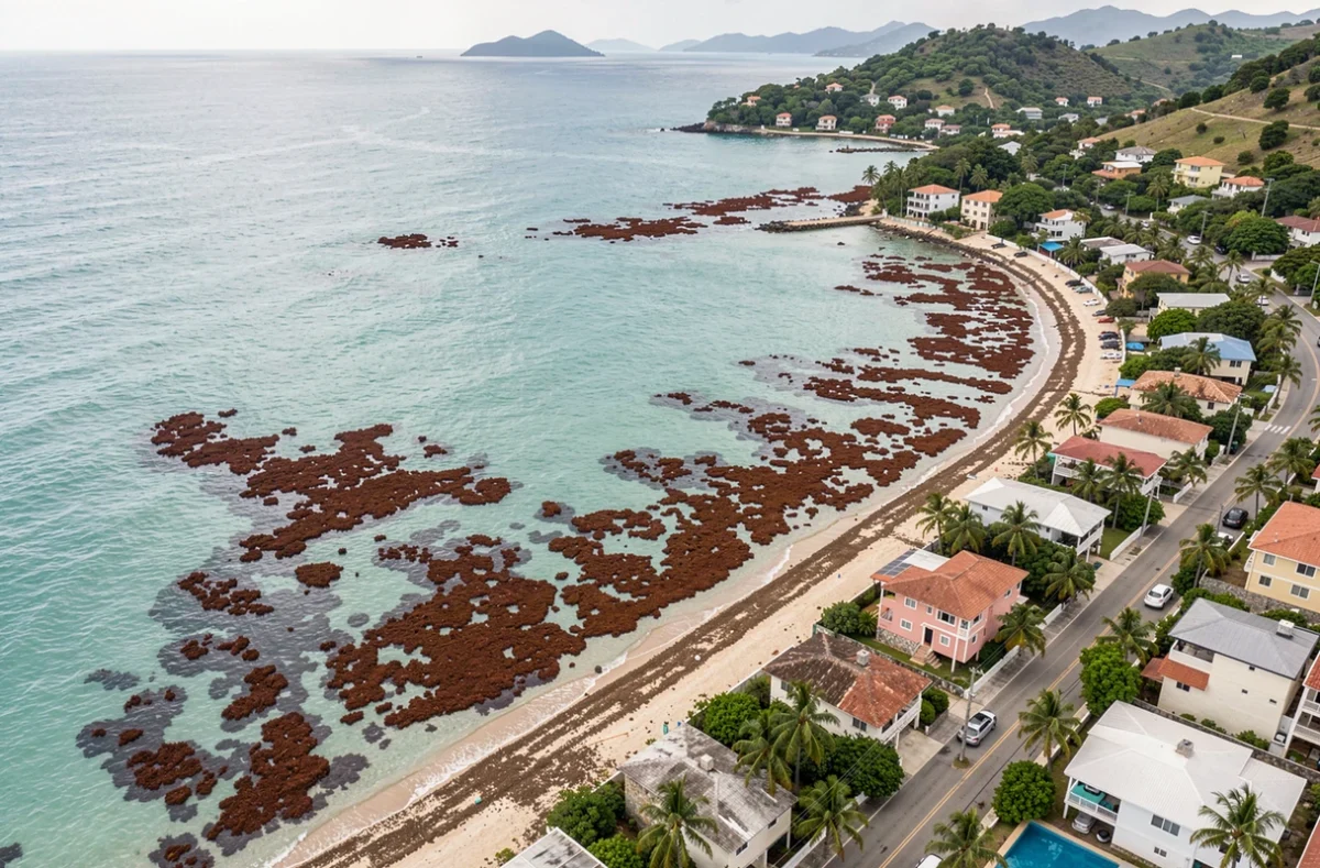 Vue aérienne d'un village côtier en Guadeloupe avec des algues sargasses envahissant le littoral et des maisons en bord de mer