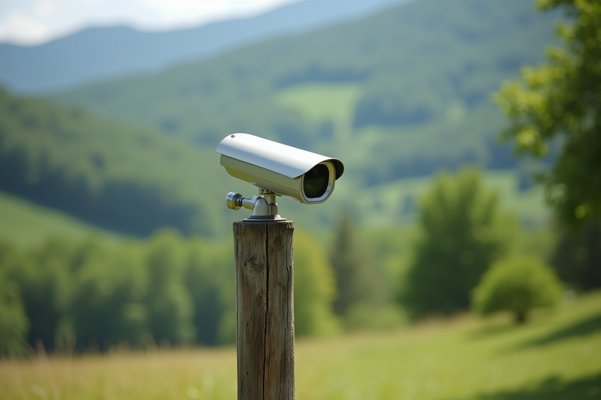 Webcam discrète sur un poteau en bois dans la forêt de Le Bessat