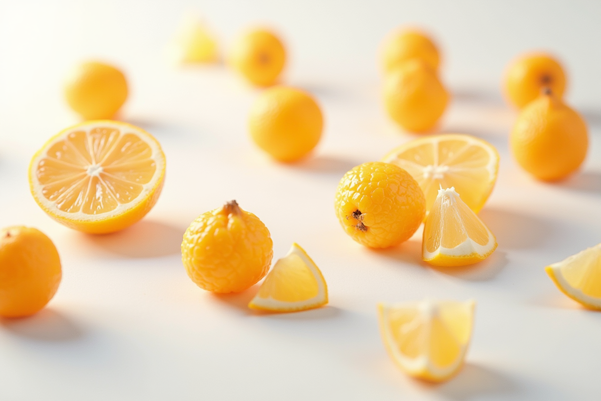 Morces de yumberries et tranches de yuzu sur surface blanche